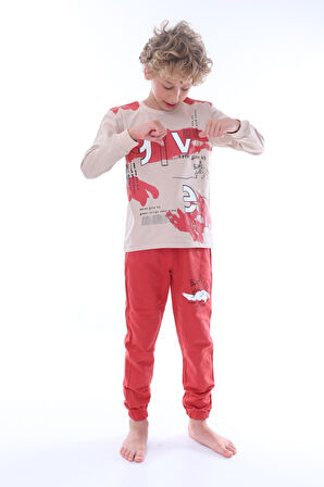 İSOBGİV Give Desenli %100 Pamuk Erkek Çocuk Pijama Takımı 3-8 Yaş 24037