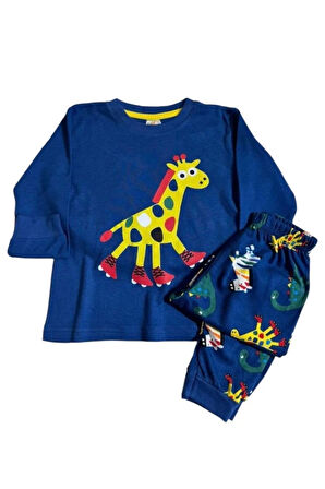 *ELMP Lacivert Zürafa Desenli %100 Pamuk Erkek Çocuk Pijama Takımı 1-9 Yaş 3002