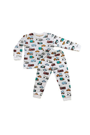 *ELMP Otobüs Desen %100 Pamuk Erkek Çocuk Pijama Takımı 1-9 Yaş 3004
