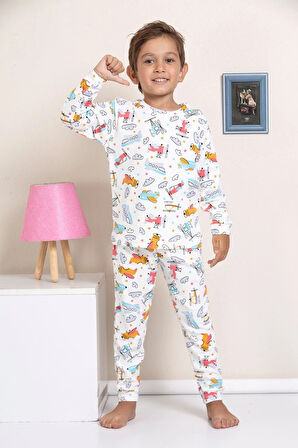 ELMP Ekru Helikopter Desenli Fitilli Kumaş %100 Pamuk Erkek Çocuk Pijama Takımı 1-13 Yaş 3051