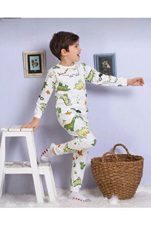ELMP Ekru Dinazor Desenli %100 Pamuk Erkek Çocuk Pijama Takımı 1-13 Yaş 3070