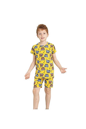ELMKP Sarı Safari Desen Erkek Çocuk Şortlu Pijama Takımı 3-10 Yaş 3101-1