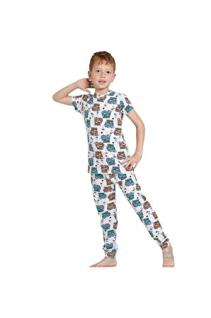 ELMKP Krem Safari Desen Erkek Çocuk Pijama Takımı 3-10 Yaş 3103