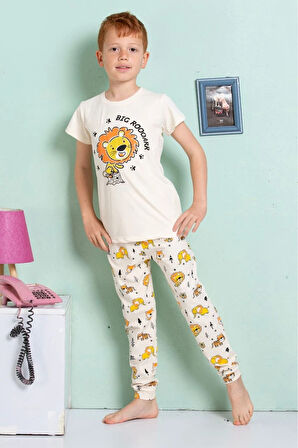 ELMKP Bej Arslan Desen Erkek Çocuk Pijama Takımı 3-10 Yaş 3104