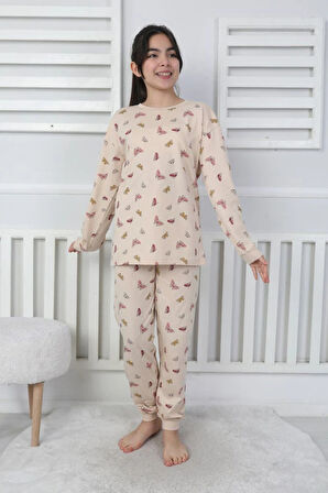 İSOB Bej Kelebek Desenli %100 Pamuk Kız Çocuk Pijama Takımı 3-8 Yaş 31207-B