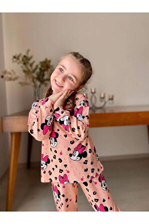 İSOB Somon Minnie Mause Desenli Fitilli Kumaş %100 Pamuk Kız Çocuk Pijama Takımı 3-8 Yaş 31219-S