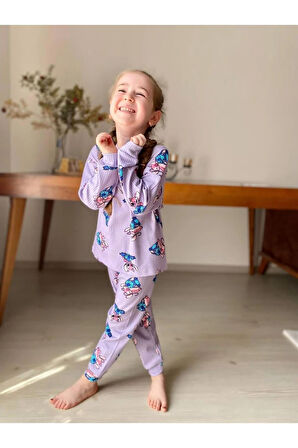 İSOB Lila Stitch Desenli Fitilli Kumaş %100 Pamuk Kız Çocuk Pijama Takımı 3-8 Yaş 31220-L