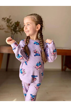 İSOB Lila Stitch Desenli Fitilli Kumaş %100 Pamuk Kız Çocuk Pijama Takımı 3-8 Yaş 31220-L