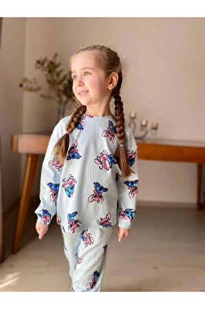 İSOB Mavi Stitch Desenli Fitilli Kumaş %100 Pamuk Kız Çocuk Pijama Takımı 3-8 Yaş 31220-M