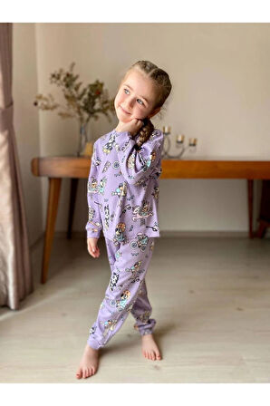İSOB Lila Bluey Desenli Fitilli Kumaş %100 Pamuk Kız Çocuk Pijama Takımı 3-8 Yaş 31221-L