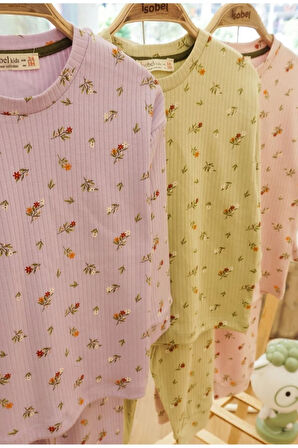 İSOB Lila Çıtır Çiçek Desenli Fitilli Kumaş %100 Pamuk Kız Çocuk Pijama Takımı 3-8 Yaş 31222-L
