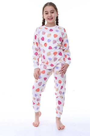 İSOB Ekru Çilek Desenli %100 Pamuk Kız Çocuk Pijama Takımı 3-13 Yaş 31232-E