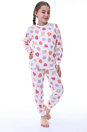 İSOB Ekru Çilek Desenli %100 Pamuk Kız Çocuk Pijama Takımı 3-13 Yaş 31232-E