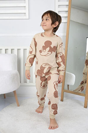 İSOB Bej Mickey Mause Desenli %100 Pamuk Erkek Çocuk Pijama Takımı 3-8 Yaş 31233-B