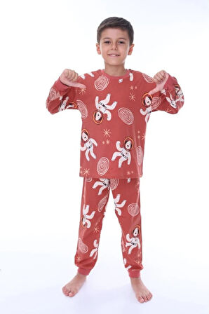 İSOB Kiremit Astronot Köpek Desenli %100 Pamuk Unisex Çocuk Pijama Takımı 3-8 Yaş 32203-K