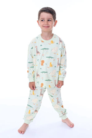 İSOB Su Yeşili Hayvanlar Alemi Desenli %100 Pamuk Unisex Çocuk Pijama Takımı 3-8 Yaş 32206-SY