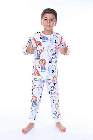 İSOB Beyaz Dinazor Desenli %100 Pamuk Erkek Çocuk Pijama Takımı 3-8 Yaş 32207-B