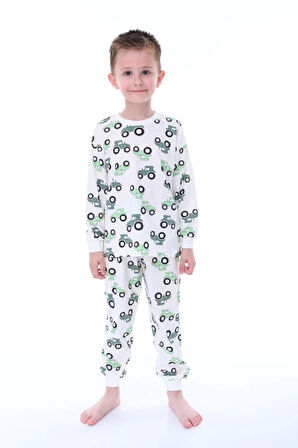 İSOB Ekru Traktör Desenli %100 Pamuk Erkek Çocuk Pijama Takımı 3-8 Yaş 32217-E