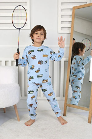 İSOB Mavi Taşıtlar Desenli %100 Pamuk Erkek Çocuk Pijama Takımı 3-8 Yaş 32231-M
