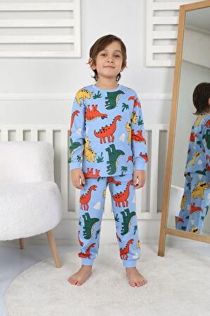 İSOB Mavi Dinozor Desenli %100 Pamuk Erkek Çocuk Pijama Takımı 3-8 Yaş 32232-M