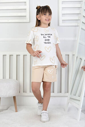 İSOB Ekru Bej Kalp Desenli %100 Pamuk Kız Çocuk Kısa Kollu 2İp Şortlu Takım 3-8 Yaş 33105-E