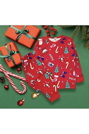 ELMP Yılbaşı Desenli %100 Pamuk Unisex Kız ve Erkek Çocuk Pijama Takımı 1-13 Yaş 4000