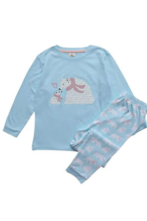 *ELMP Açık Mavi Anne-Yavru Ayıcıklı %100 Pamuk Kız Çocuk Pijama Takımı 1-13 Yaş 4001