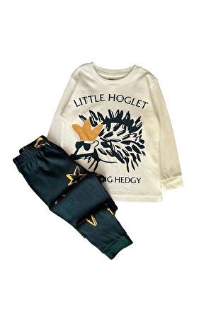 *ELMP Ekru Yeşil Kirpi Desenli %100 Pamuk Kız Çocuk Pijama Takımı 9-13 Yaş 4006