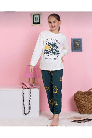 *ELMP Ekru Yeşil Kirpi Desenli %100 Pamuk Kız Çocuk Pijama Takımı 9-13 Yaş 4006