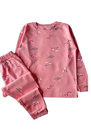 *ELMP Pudra Kiraz Desen %100 Pamuk Kız Çocuk Pijama Takımı 1-9 Yaş 4011