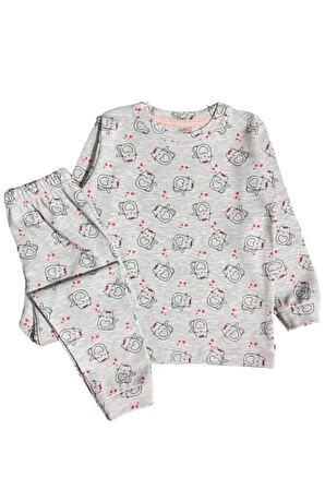 *ELMP Gri Kedicikli %100 Pamuk Kız Çocuk Pijama Takımı 1-9 Yaş 4037