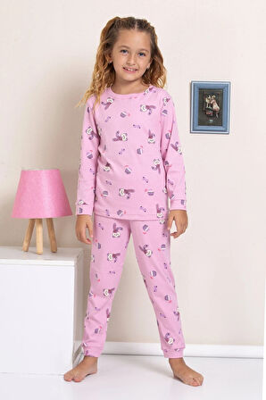 ELMP Lila Tavşan Desenli %100 Pamuk Kız Çocuk Pijama Takımı 1-13 Yaş 4052
