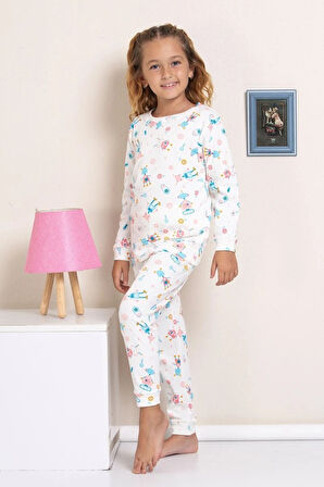 ELMP Ekru Robot Desenli Fitilli Kumaş %100 Pamuk Kız Çocuk Pijama Takımı 1-13 Yaş 4053