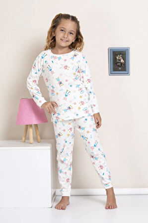 1+1ELMP Ekru Robot Desenli Fitilli Kumaş %100 Pamuk Kız Çocuk Pijama Takımı 1-2 Yaş 04053