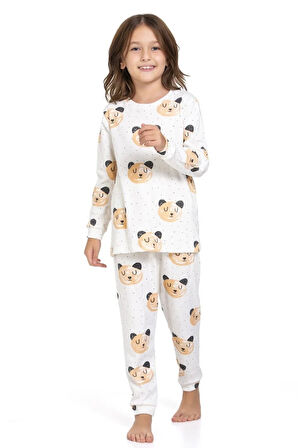 ELMP Ekru Ayıcık Desenli %100 Pamuk Kız Çocuk Pijama Takımı 1-13 Yaş 4055