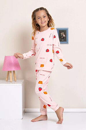 ELMP Pembe Çilek Desenli %100 Pamuk Kız Çocuk Pijama Takımı 1-13 Yaş 4056