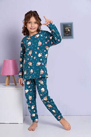 ELMP Lacivert Baykuş Desenli %100 Pamuk Kız Çocuk Pijama Takımı 1-13 Yaş 4057