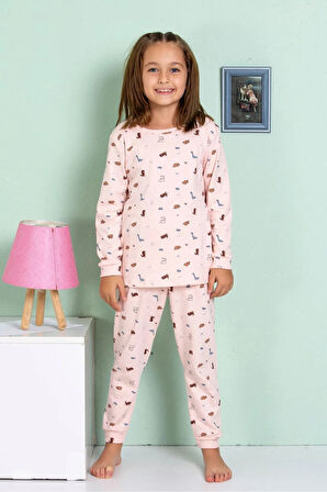 ELMP Pudra Dinazor Desenli %100 Pamuk Kız Çocuk Pijama Takımı 1-9 Yaş 4064/19