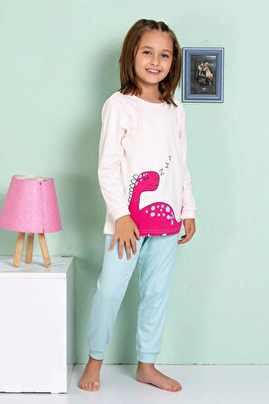 ELMP Ekru Dinazor Desenli %100 Pamuk Kız Çocuk Pijama Takımı 1-13 Yaş 4066