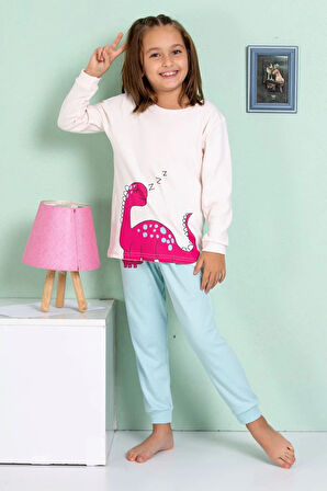 ELMP Ekru Dinazor Desenli %100 Pamuk Kız Çocuk Pijama Takımı 1-13 Yaş 4066