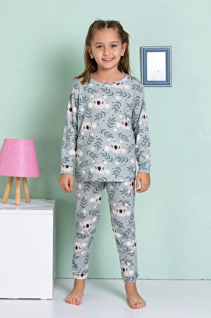 ELMP Gri Koala Desenli %100 Pamuk Kız Çocuk Pijama Takımı 1-13 Yaş 4067