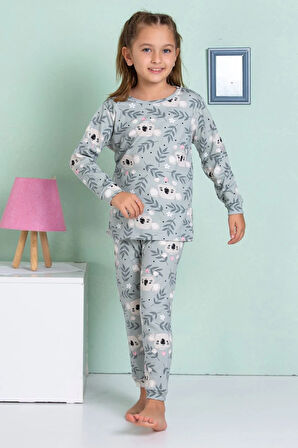 ELMP Gri Koala Desenli %100 Pamuk Kız Çocuk Pijama Takımı 1-13 Yaş 4067