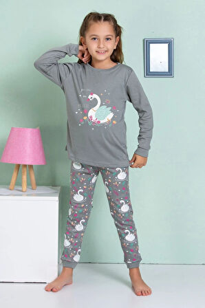 ELMP Gri Kuğu Desenli %100 Pamuk Kız Çocuk Pijama Takımı 1-13 Yaş 4068