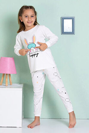 ELMP Ekru Tavşan Desenli %100 Pamuk Kız Çocuk Pijama Takımı 1-13 Yaş 4069