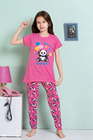 ELMKP Fuşya Ayıcık Desen Kız Çocuk Pijama Takımı 3-10 Yaş 4102