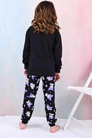 İSOB Siyah Kuromi Desenli %100 Pamuk Kız Çocuk Pijama Takımı 3-13 Yaş 41203-41402-S