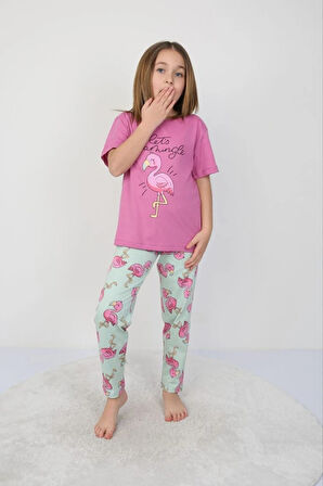 İSOB FuşyaYeşil Flamingo Desenli %100 Pamuk Kız Çocuk Kısa Kollu Pijama Takımı 3-8 Yaş 41205-FY