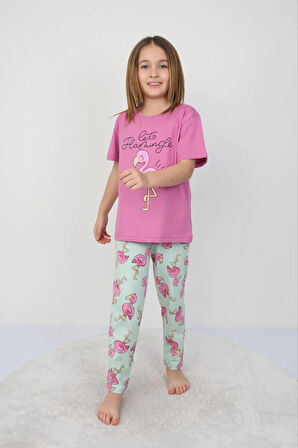 İSOB FuşyaYeşil Flamingo Desenli %100 Pamuk Kız Çocuk Kısa Kollu Pijama Takımı 3-8 Yaş 41205-FY