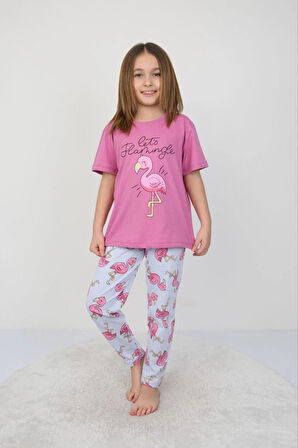 İSOB FuşyaMavi Flamingo Desenli %100 Pamuk Kız Çocuk Kısa Kollu Pijama Takımı 3-8 Yaş 41205-FM