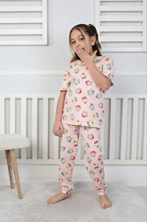 İSOB Pembe Cup Cake Desenli %100 Pamuk Kız Çocuk Kısa Kollu Pijama Takımı 3-8 Yaş 41207-P